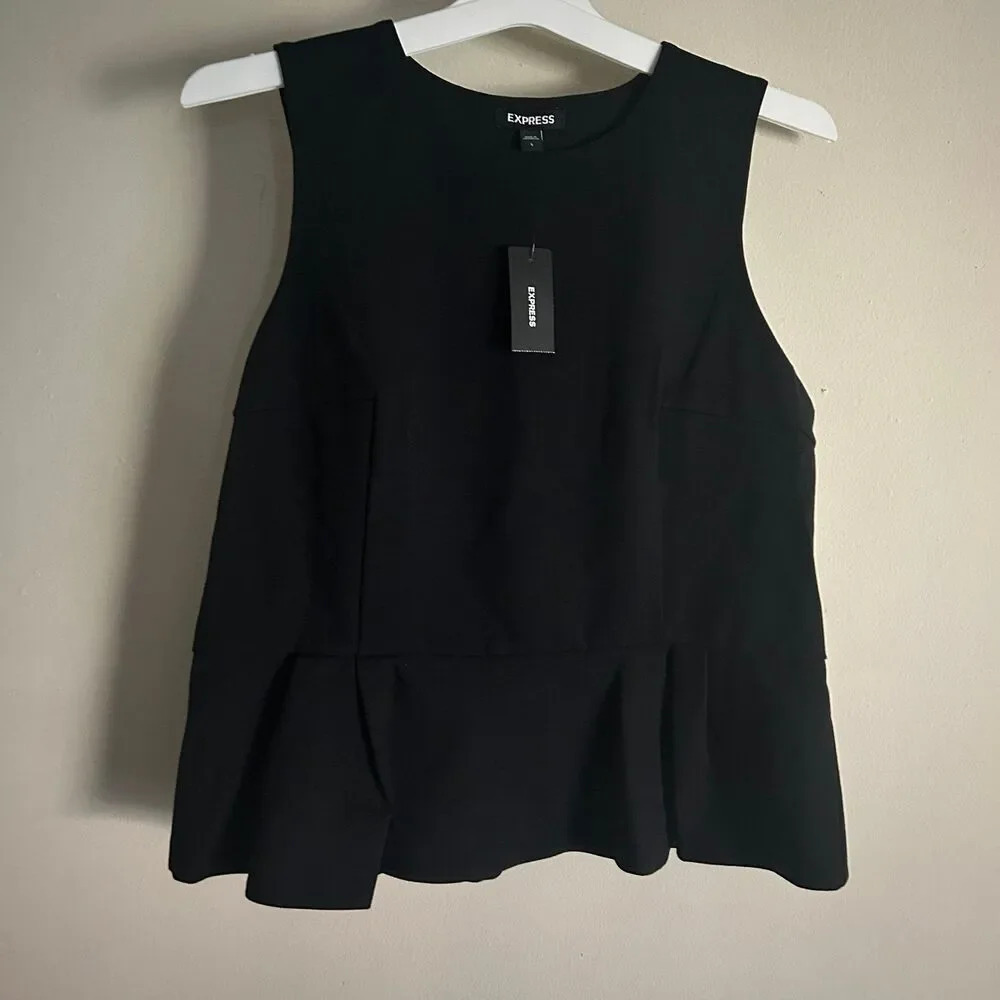 NWT EXPRESS Peplum Tank Top Sleeveless Blouse Black Pleated L Career Office